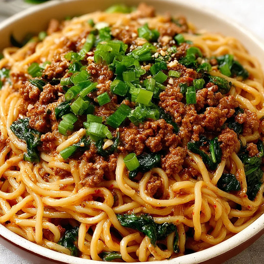 A bowl of Dan Dan Noodles with green onions.