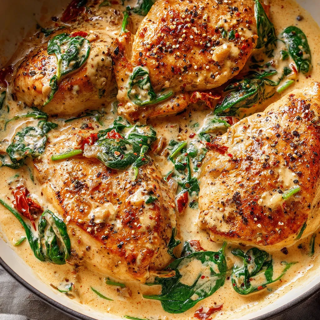 A bowl of chicken with a creamy sauce.