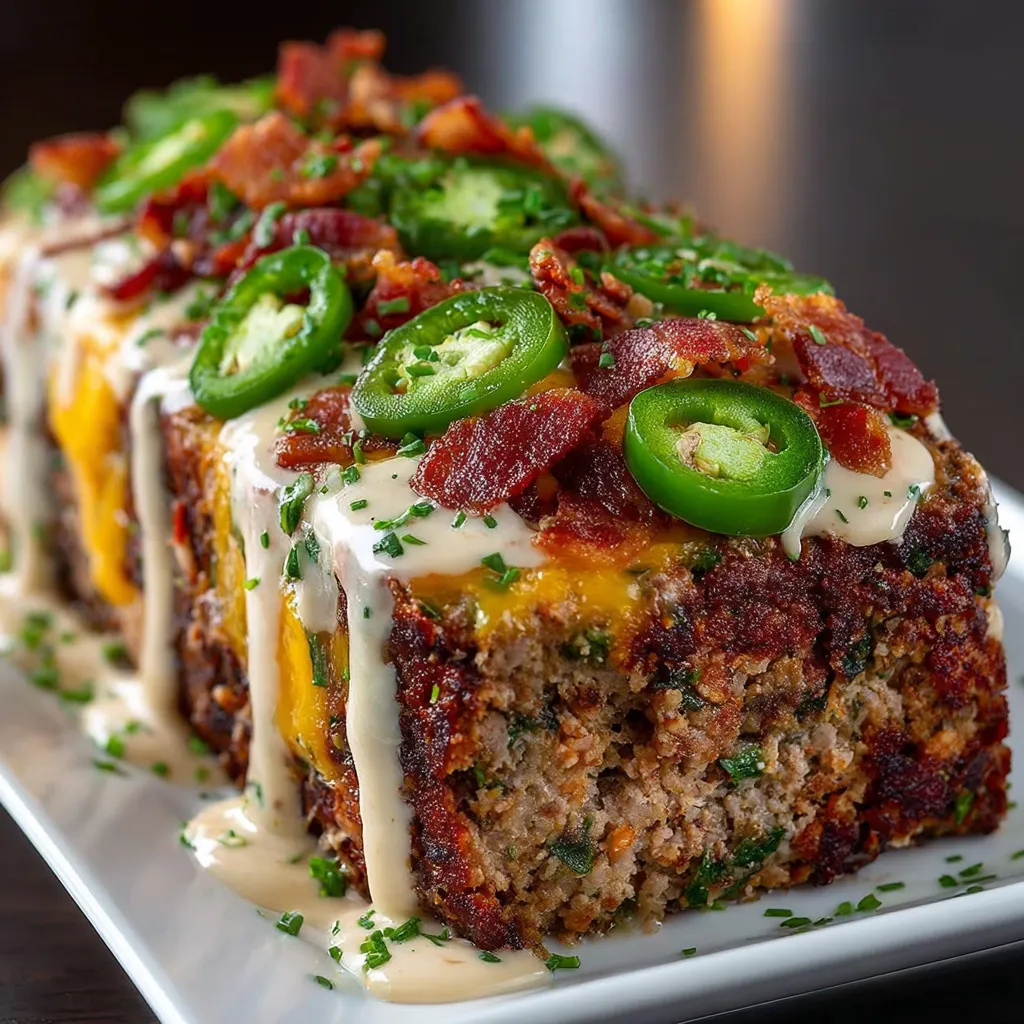 A plate of food with a jalapeño popper meatloaf.