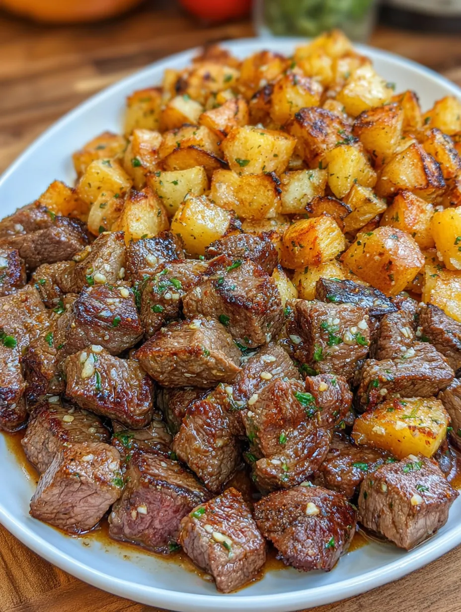A plate of garlic butter steak bites and potatoes.