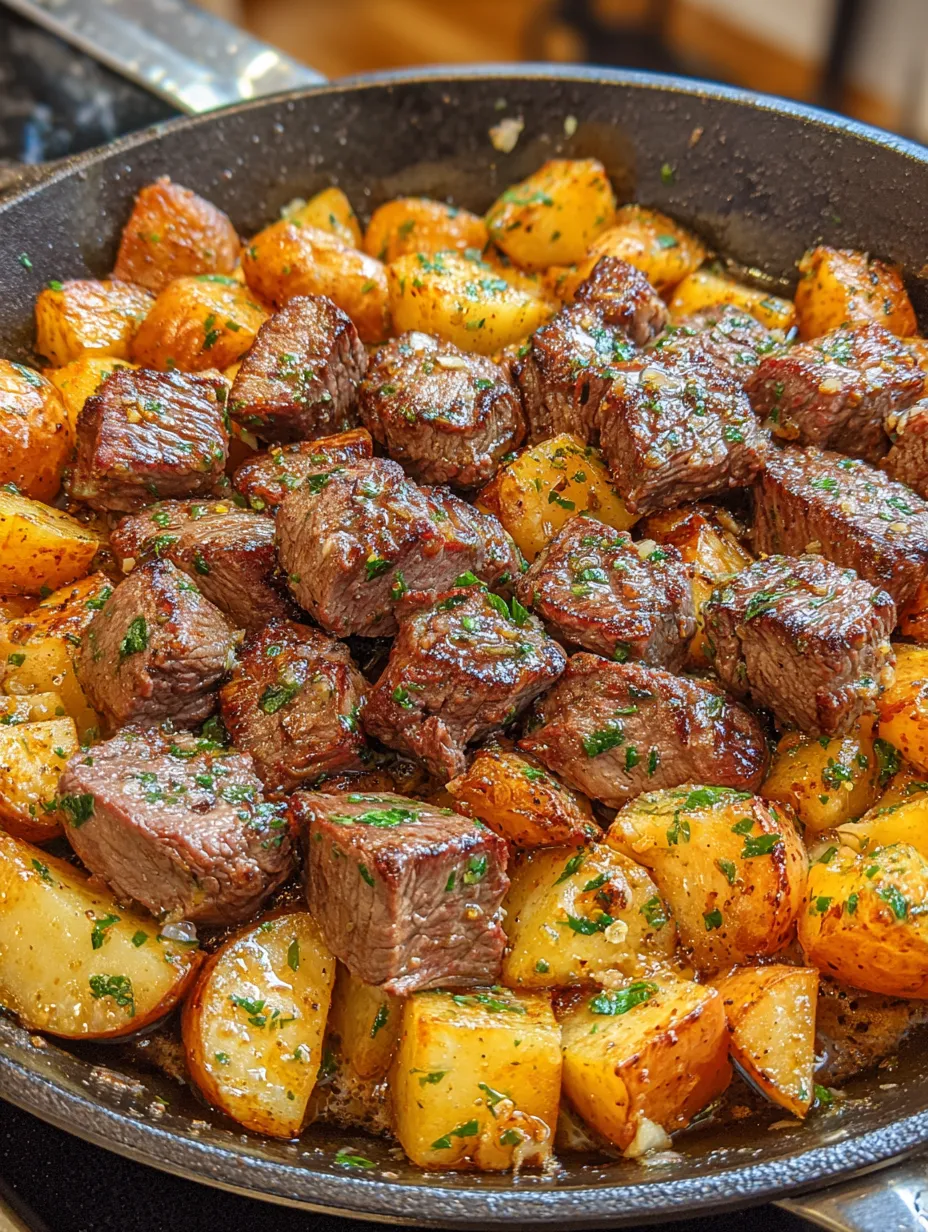 A pan of garlic butter steak bites and potatoes.