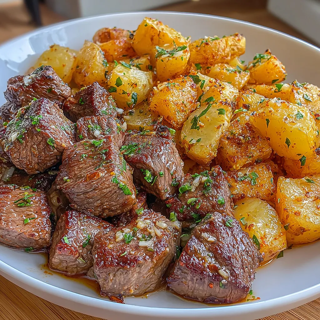 A plate of garlic butter steak bites and potatoes.