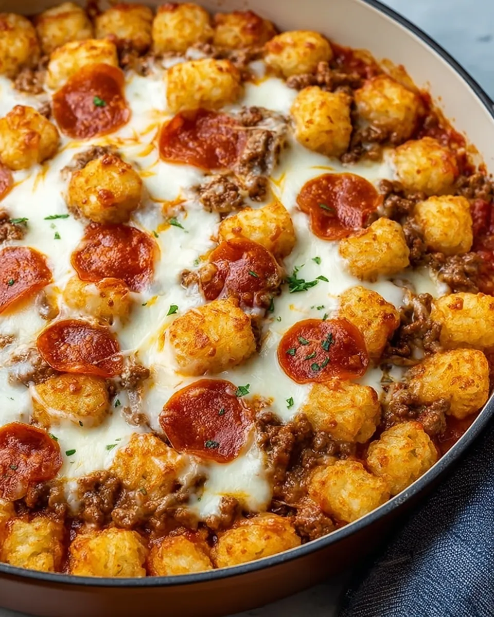 A dish of pizza tater tot casserole.