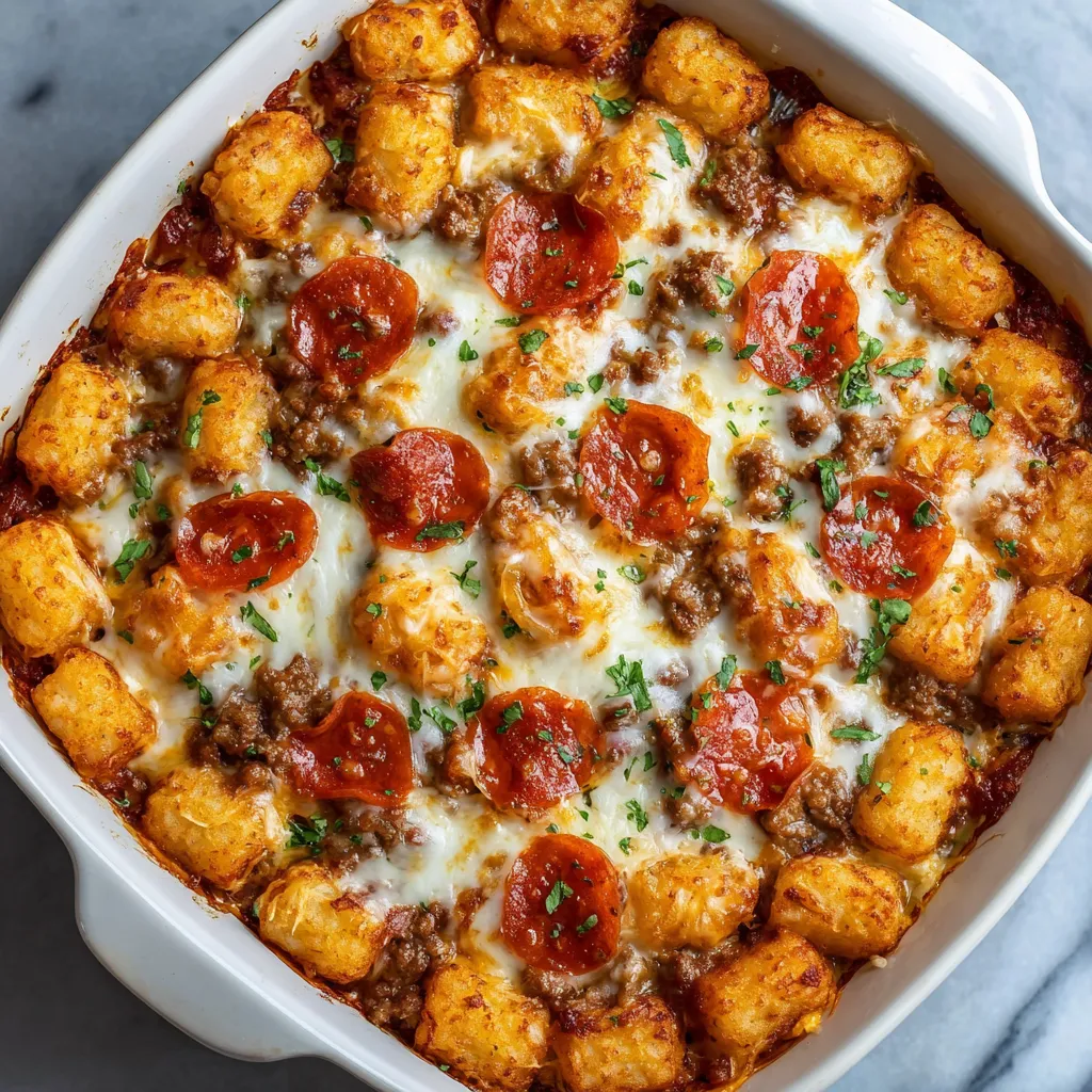 A white bowl filled with a pizza tater tot casserole.