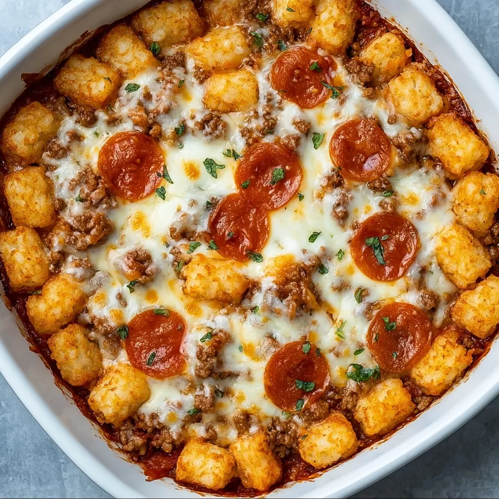 A white bowl filled with a pizza tater tot casserole.