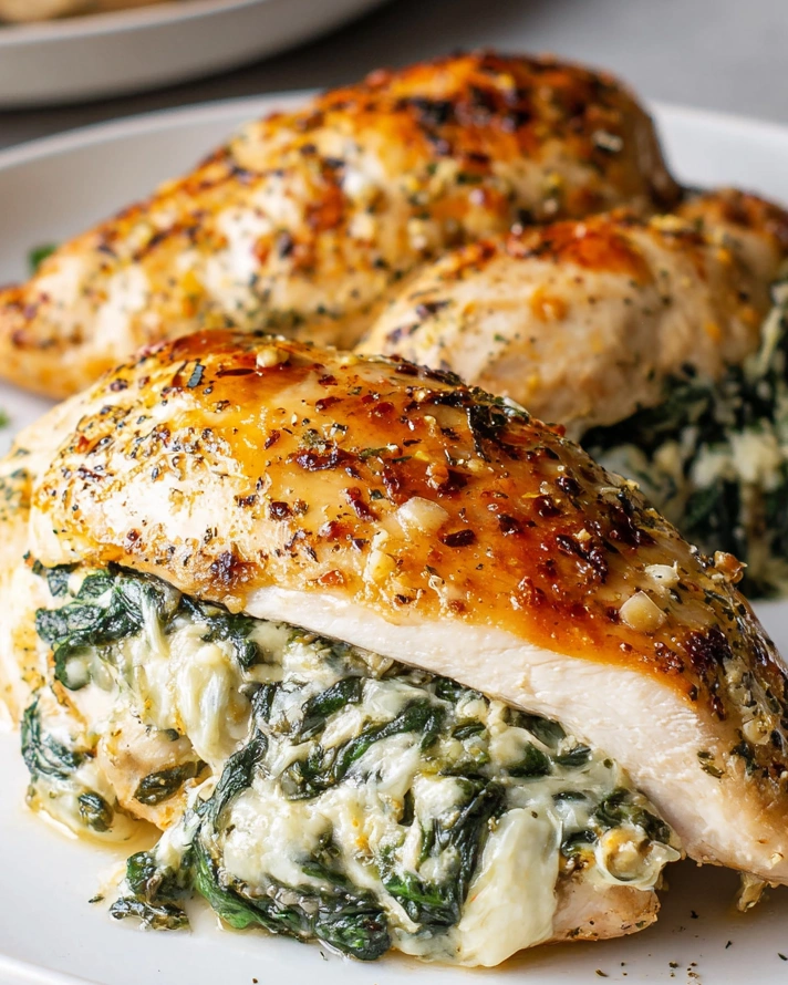 A plate of spinach stuffed chicken breast.