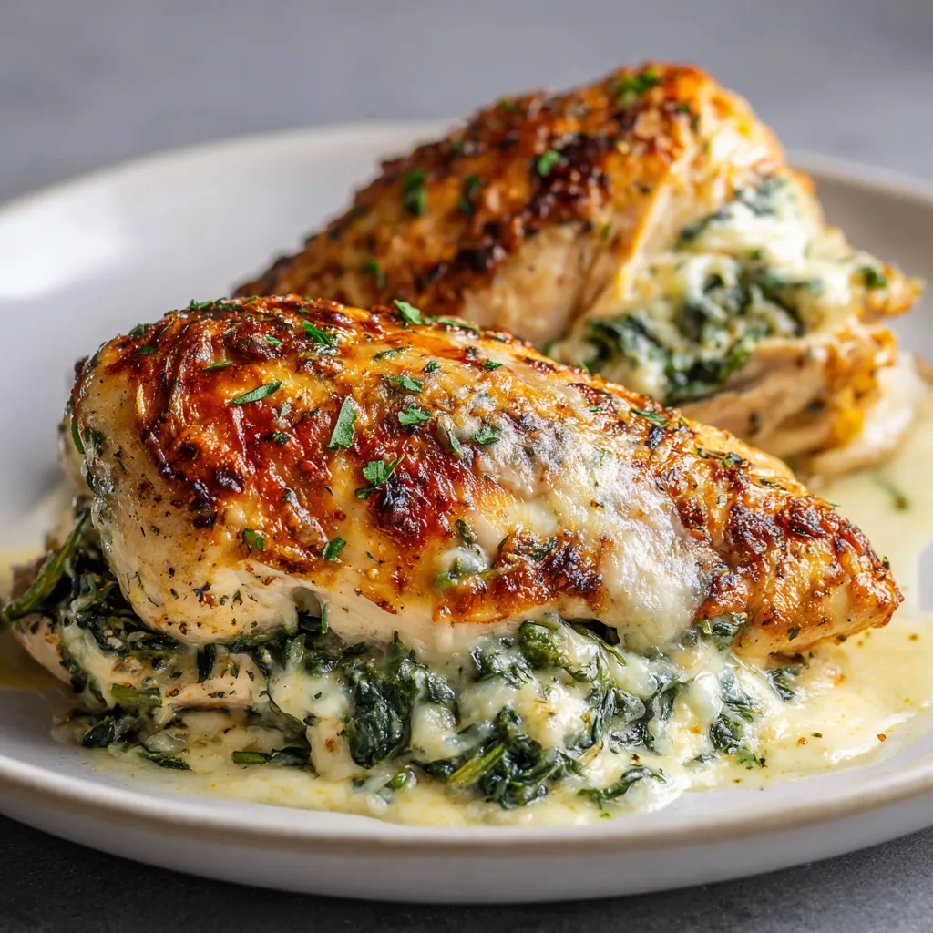 A plate of spinach stuffed chicken breast.