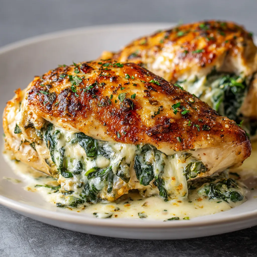 A plate of spinach stuffed chicken breast.
