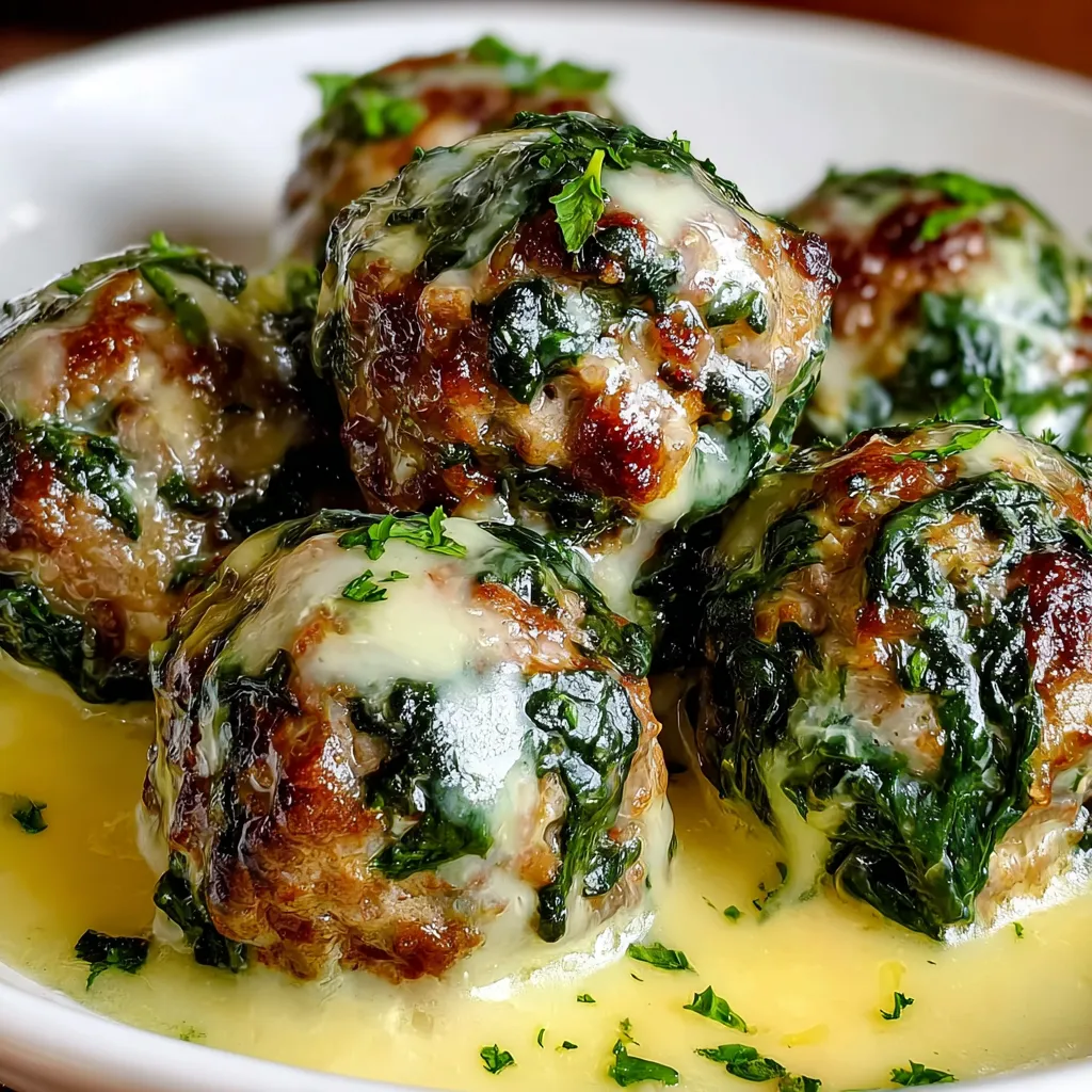 A plate of spinach garlic meatballs stuffed with mozzarella.