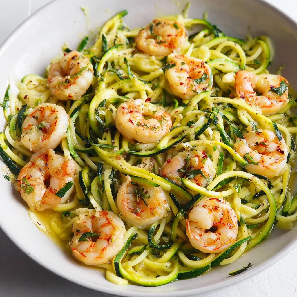 A bowl of zucchini noodles with garlic shrimp.