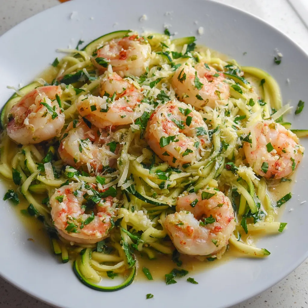 A plate of zucchini noodles with garlic shrimp.