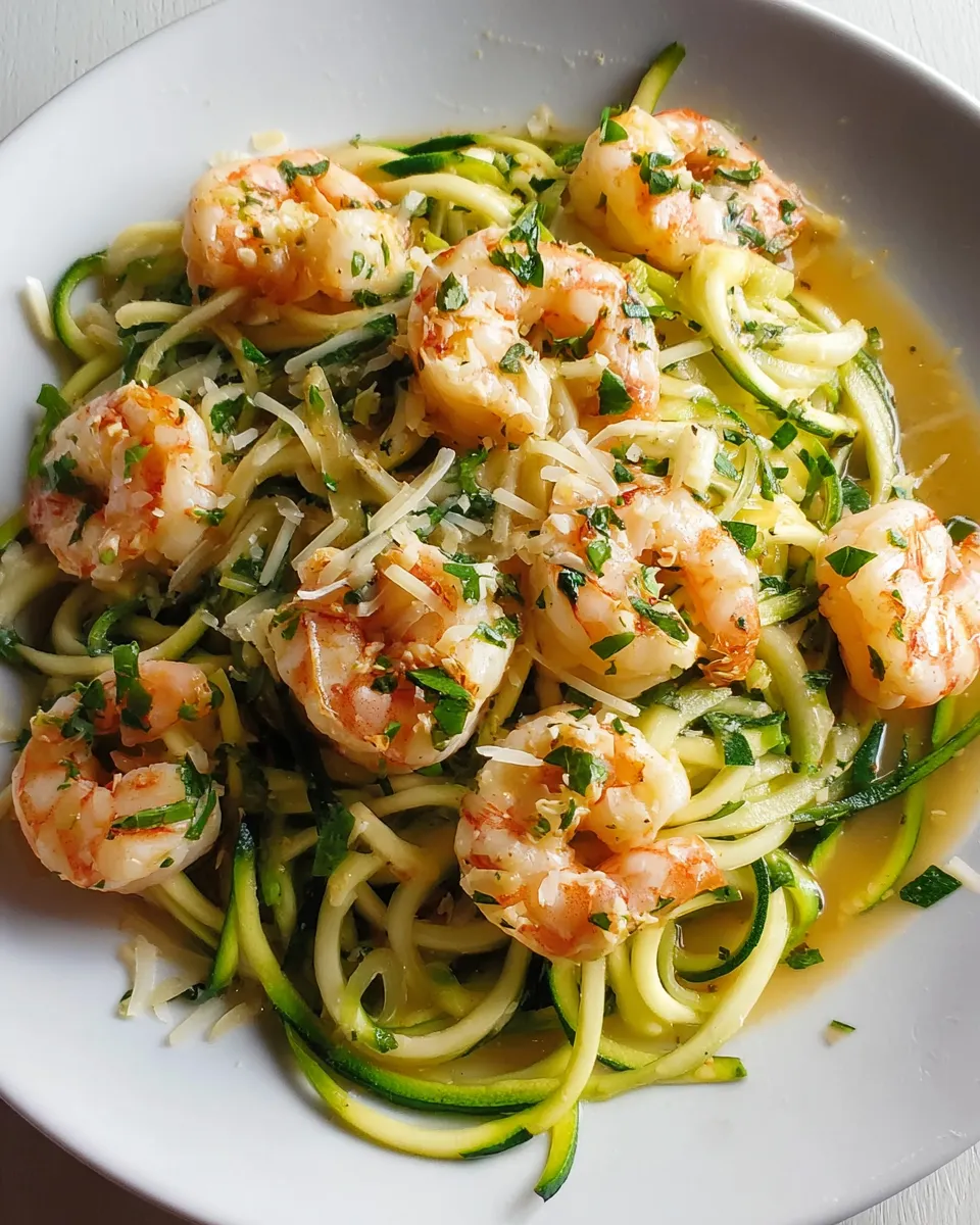 A plate of zucchini noodles with garlic shrimp.