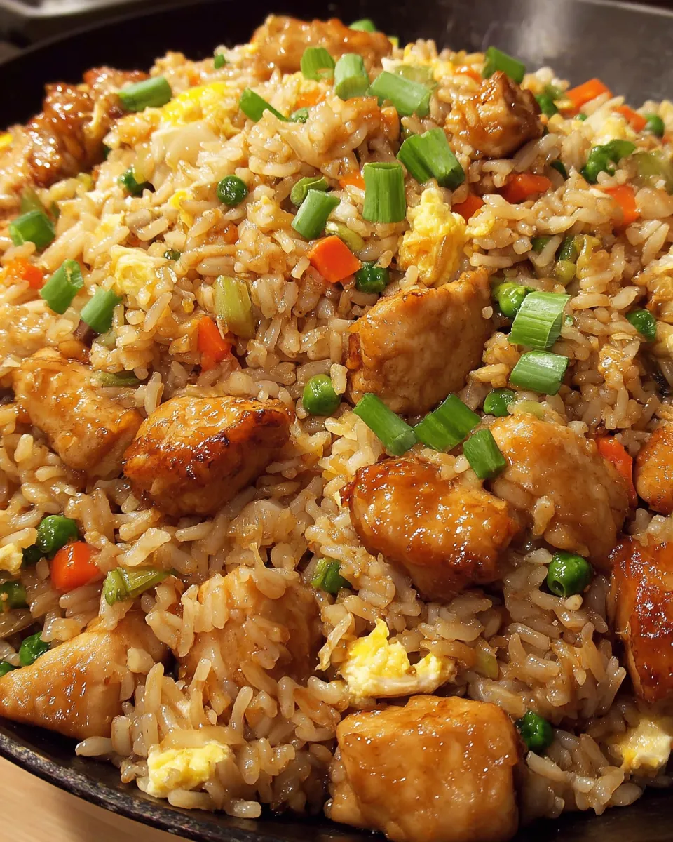 A dish of orange chicken fried rice.