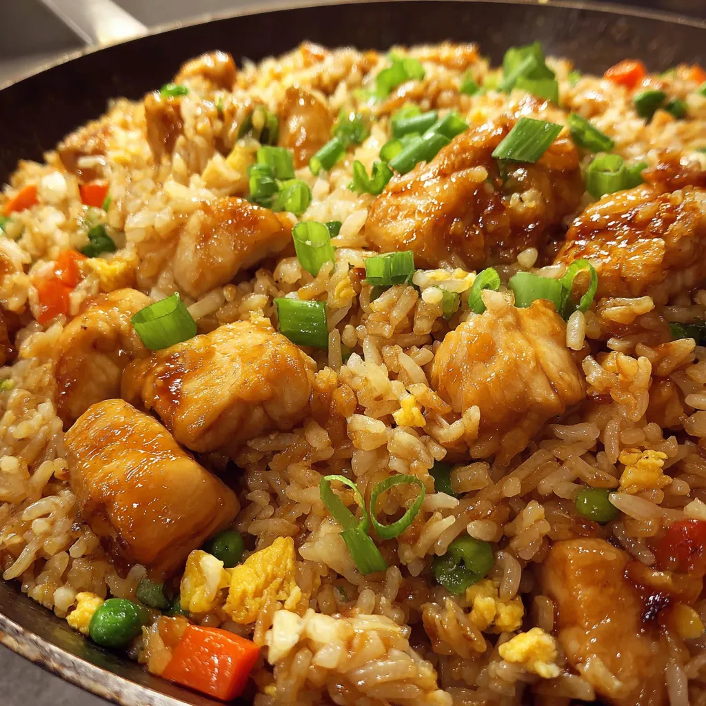 A pan of orange chicken fried rice.