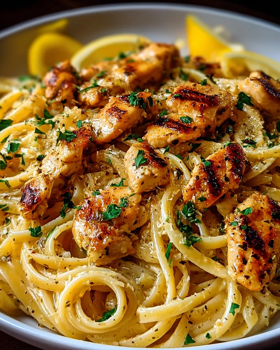 A plate of creamy chicken linguine.