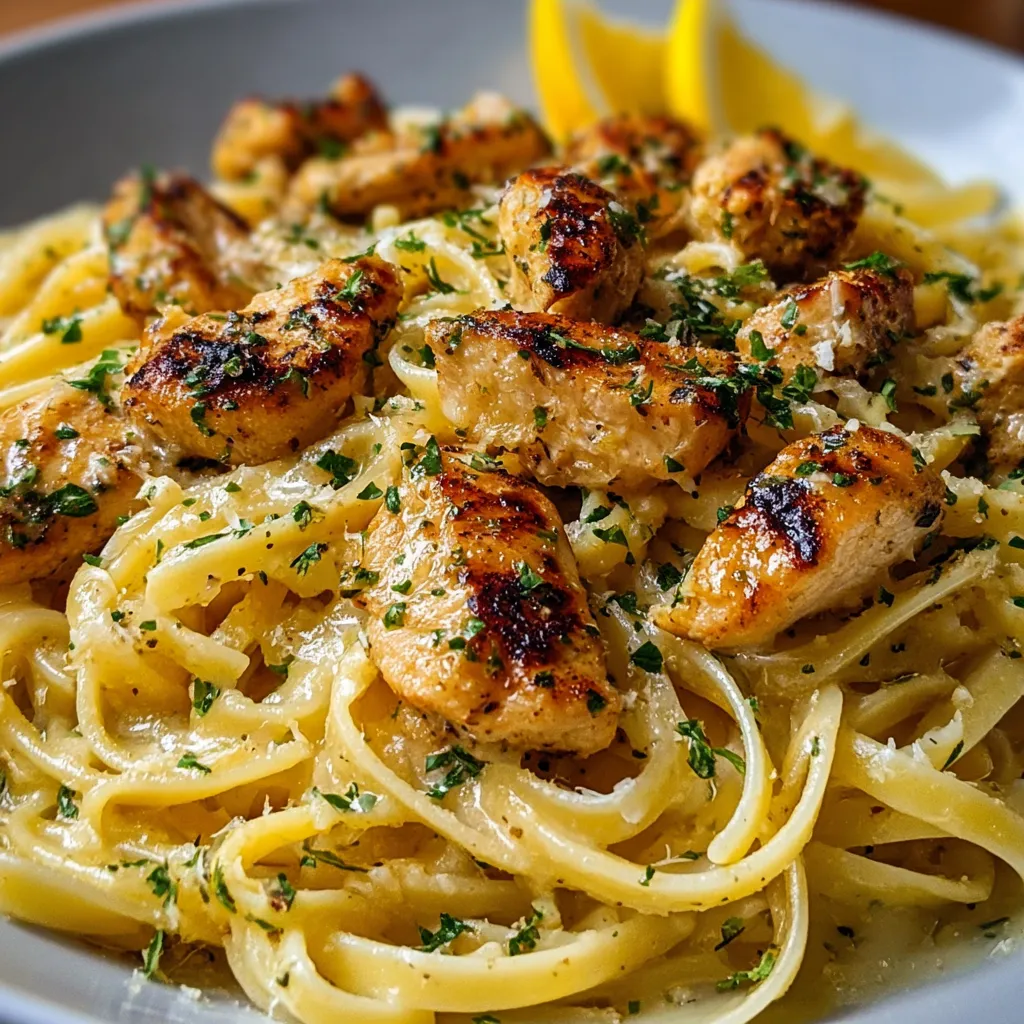 A plate of creamy chicken linguine.
