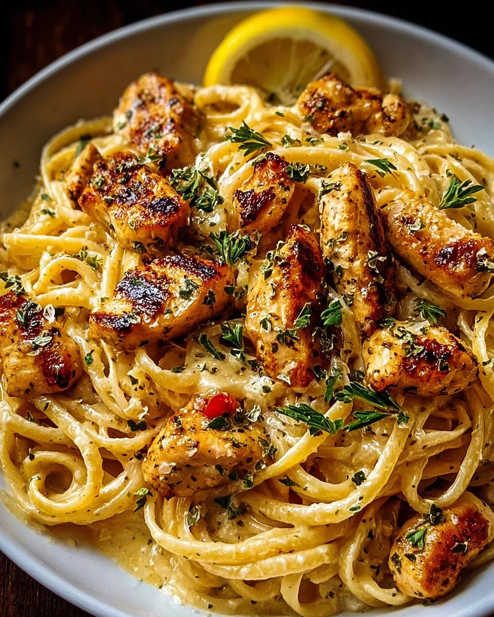 A bowl of creamy chicken linguine.