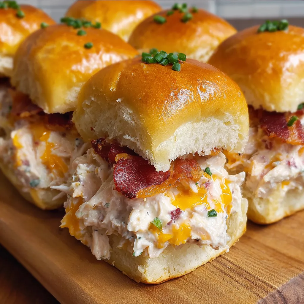 Chicken Bacon Ranch Sliders on a wooden table.