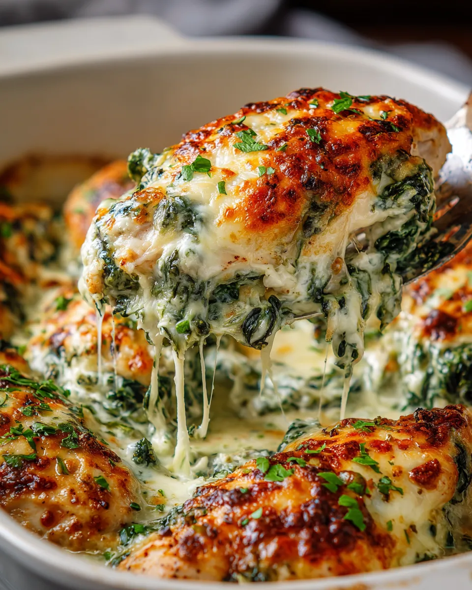 A dish of spinach chicken casserole with cream cheese and mozzarella.