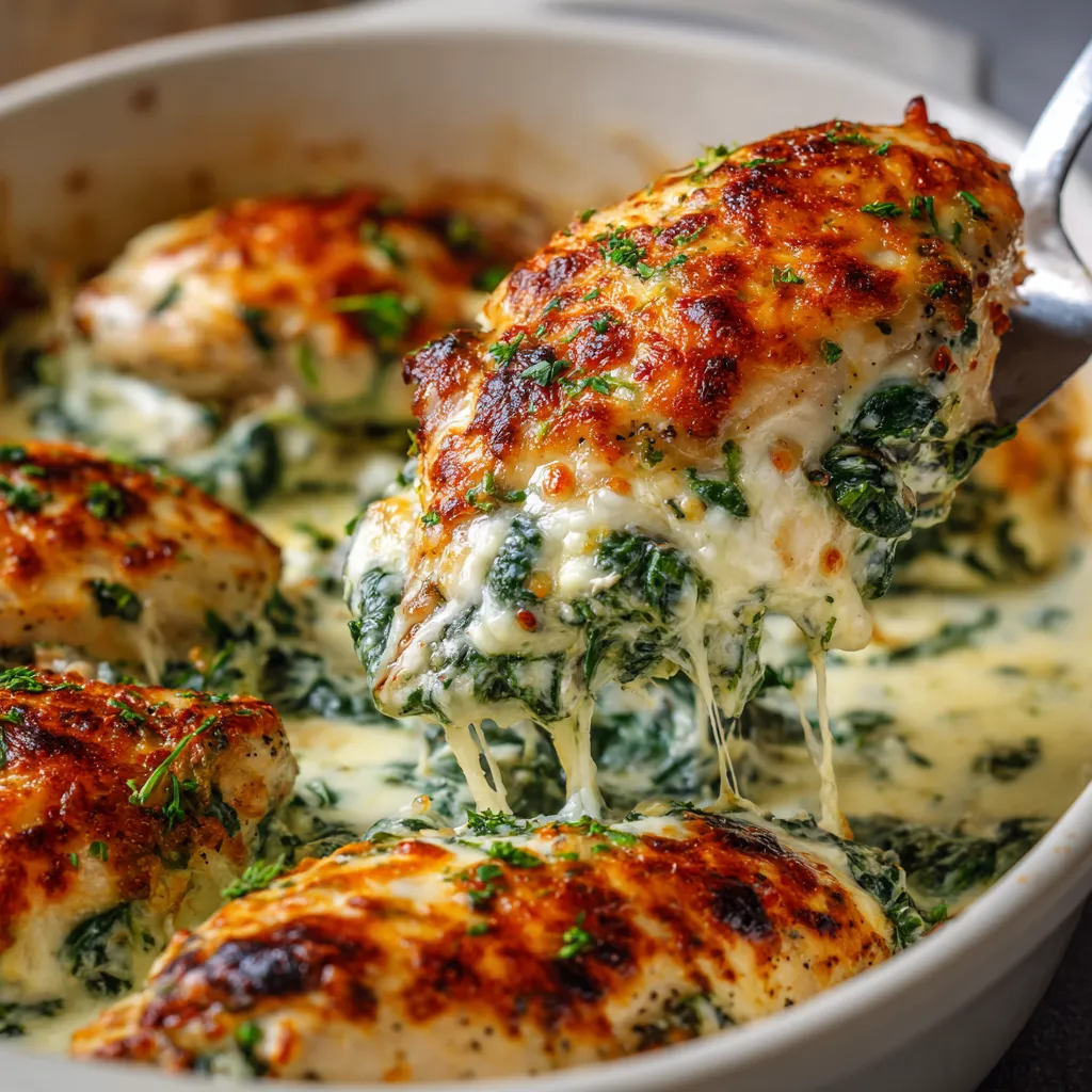 A dish of spinach chicken casserole with cream cheese and mozzarella.