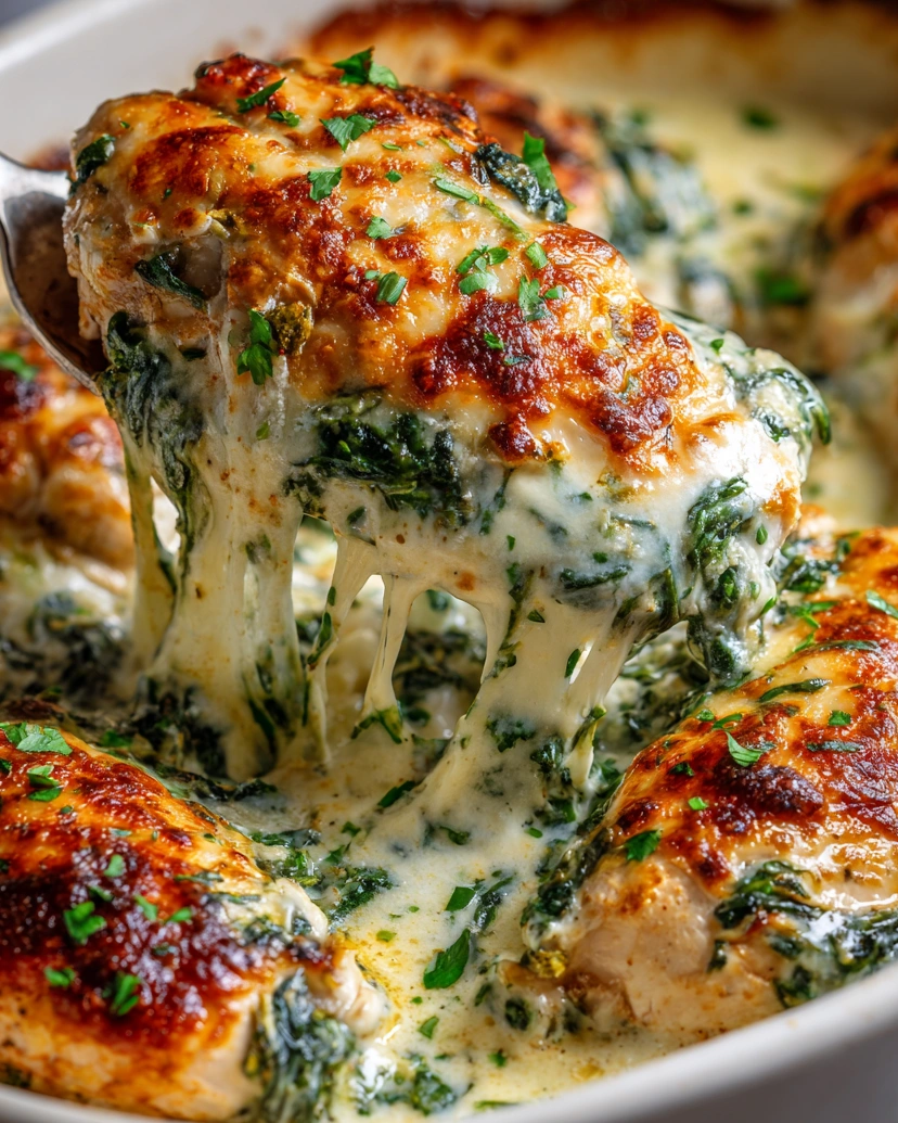 A spinach chicken casserole with cream cheese and mozzarella.
