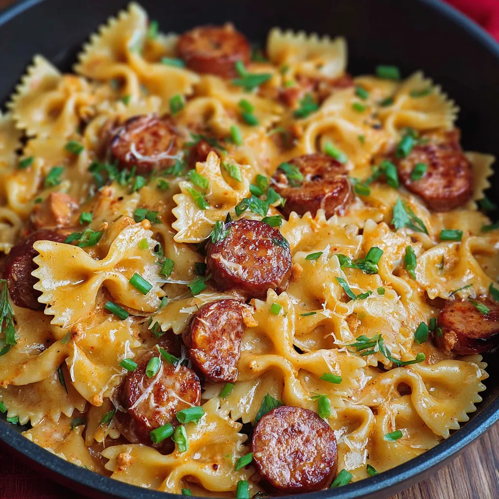 A bowl of pasta with sausage and green herbs.