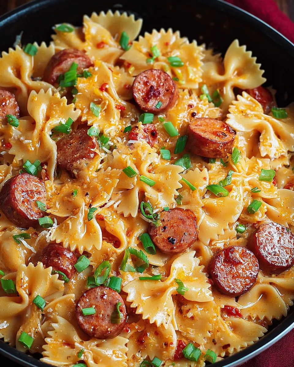 A bowl of pasta with sausage and green onions.