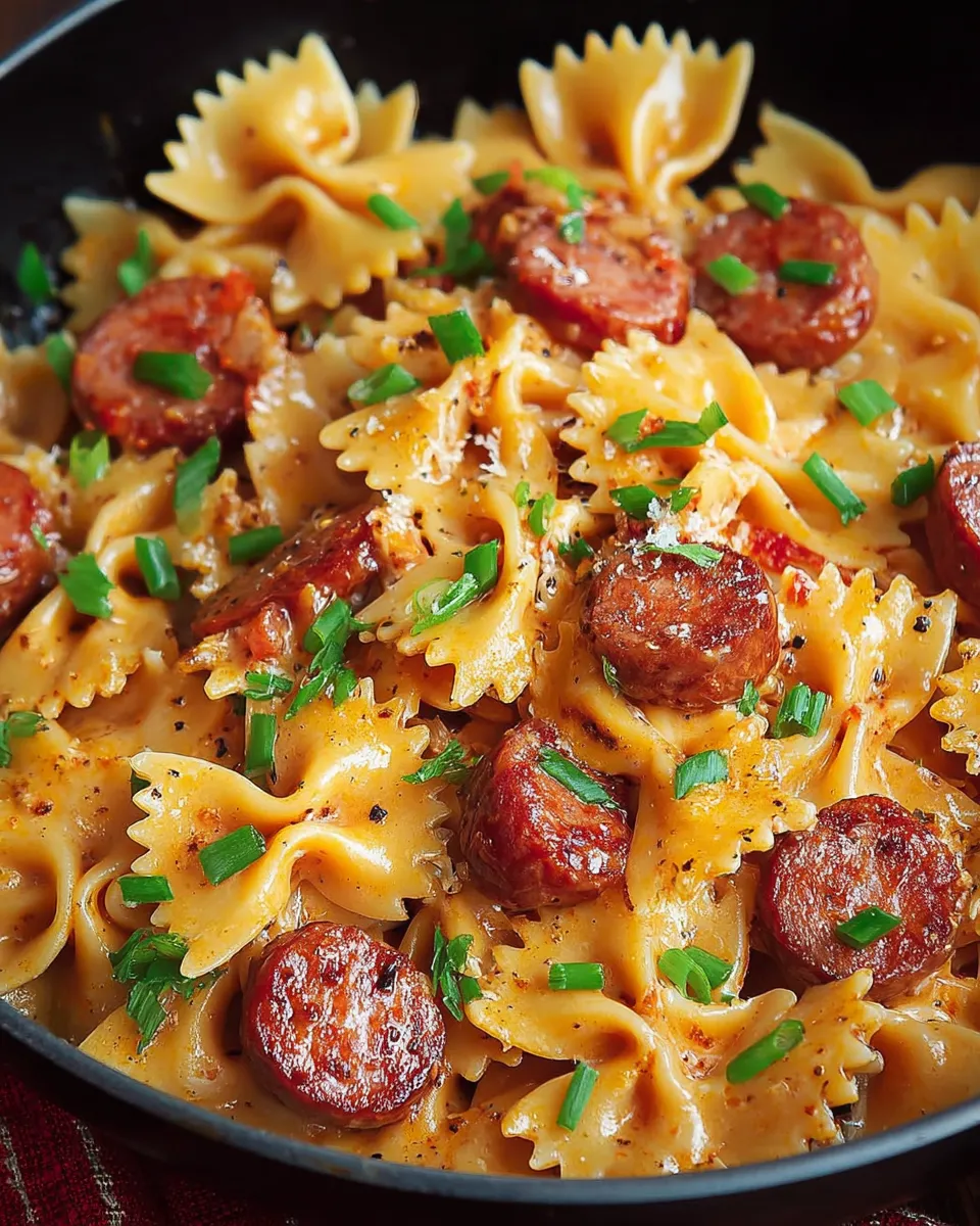 A bowl of pasta with sausage and green onions.