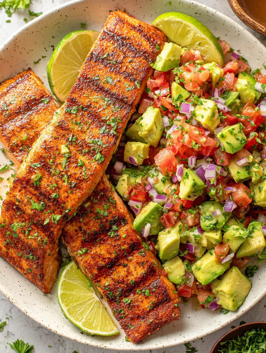 A plate of salmon with avocado salsa.