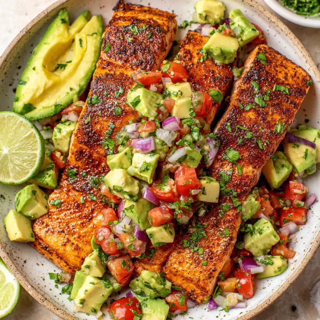 A plate of salmon with avocado salsa.