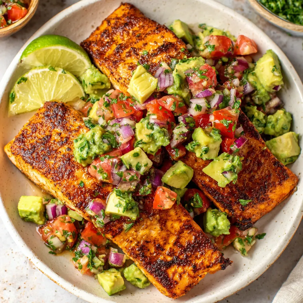 A plate of food with salmon and avocado salsa.