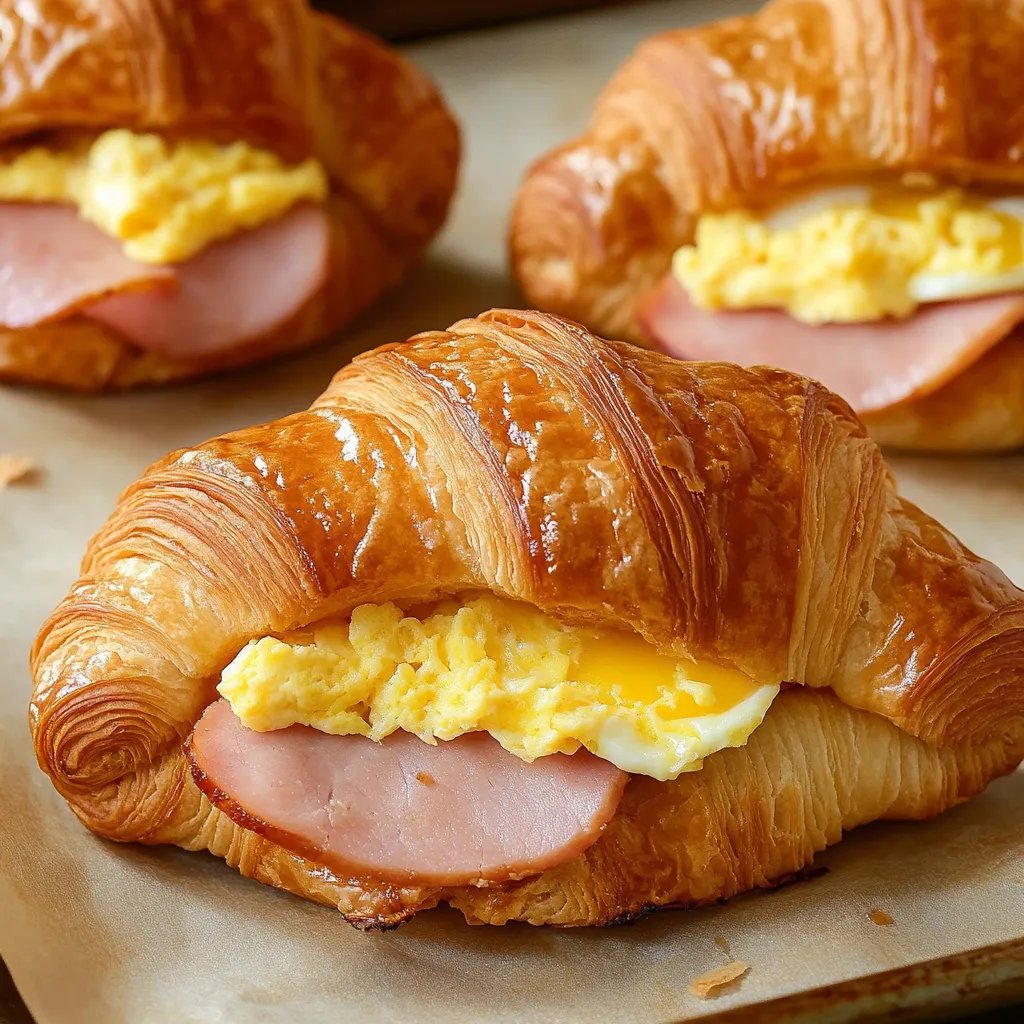 A croissant sandwich with ham and egg.