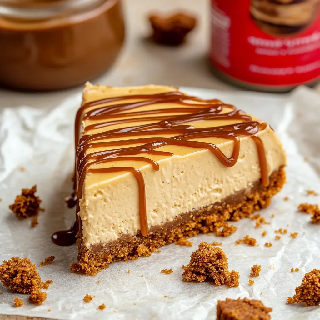 A slice of cheesecake with caramel drizzled on top.