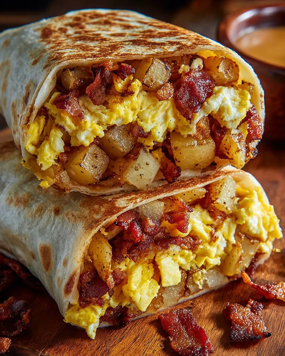 A breakfast burrito with bacon, eggs, and cheese.