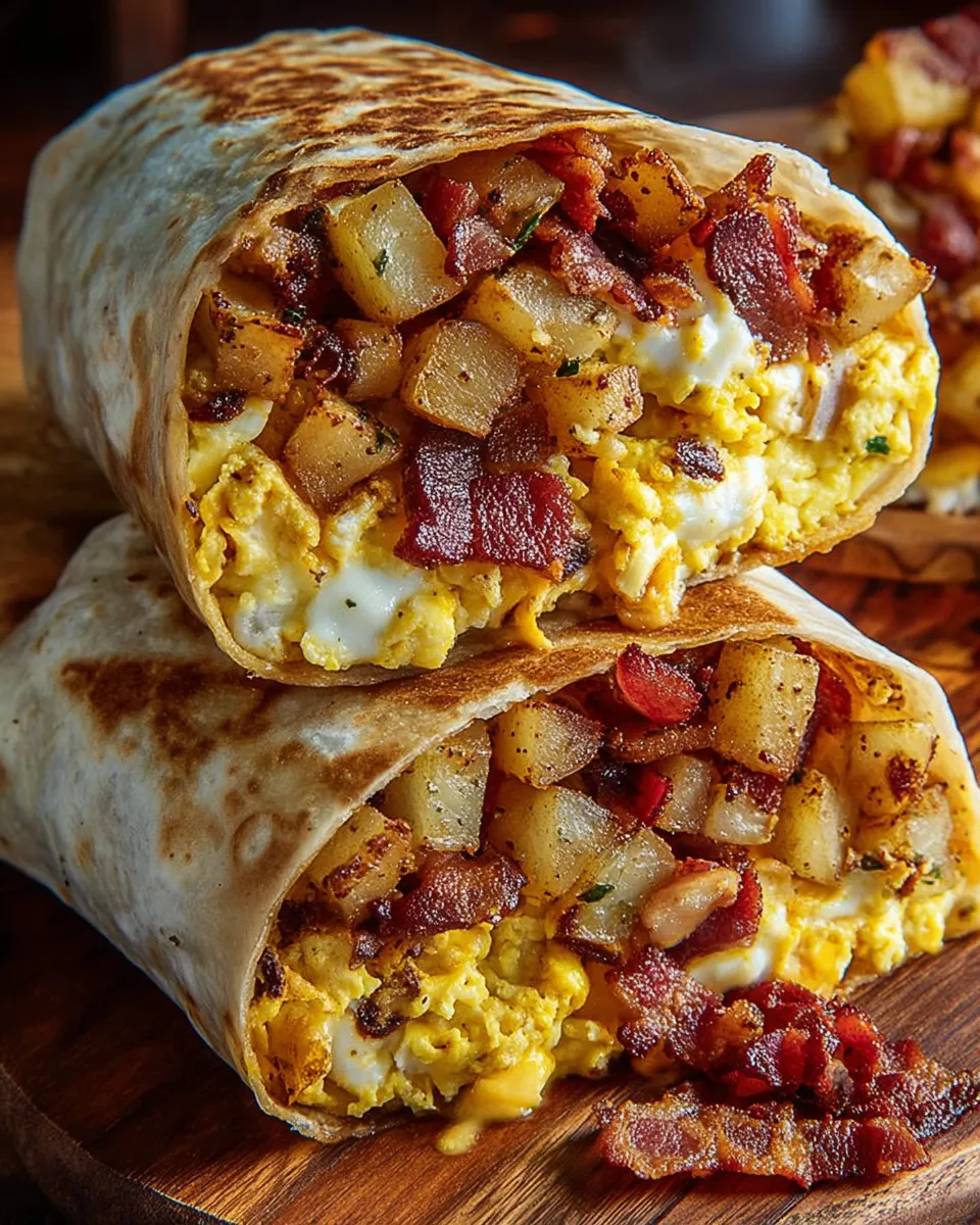 A breakfast burrito with bacon, eggs, and cheese.