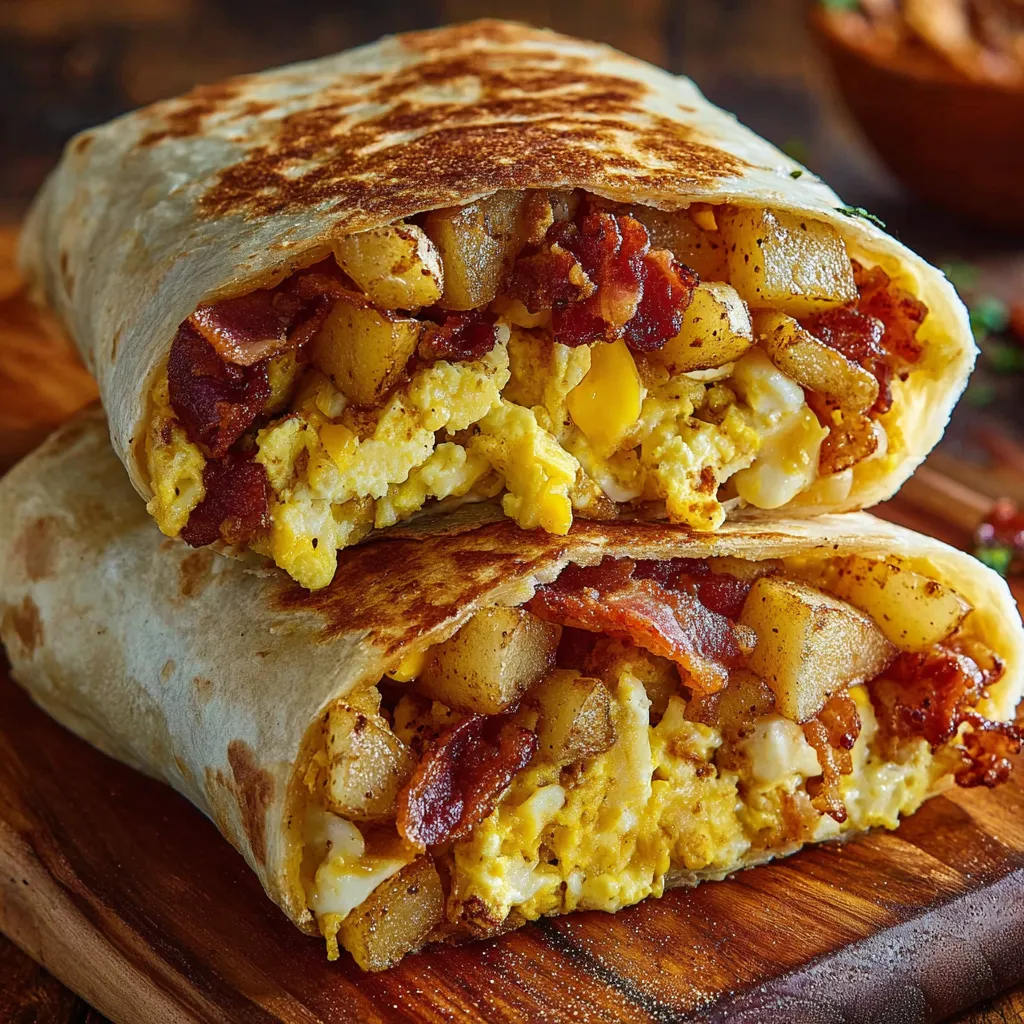 A breakfast burrito with bacon, eggs, and cheese.