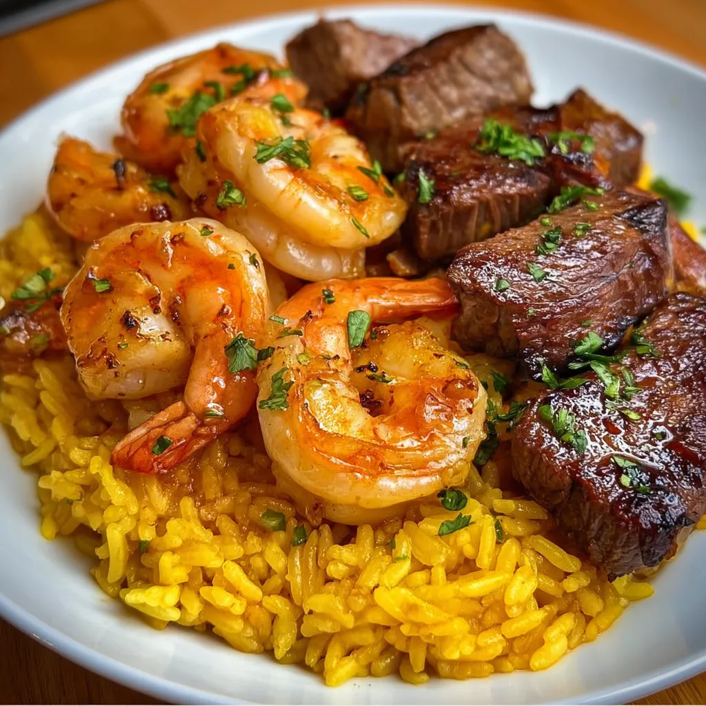 A plate of food with shrimp, steak, and rice.