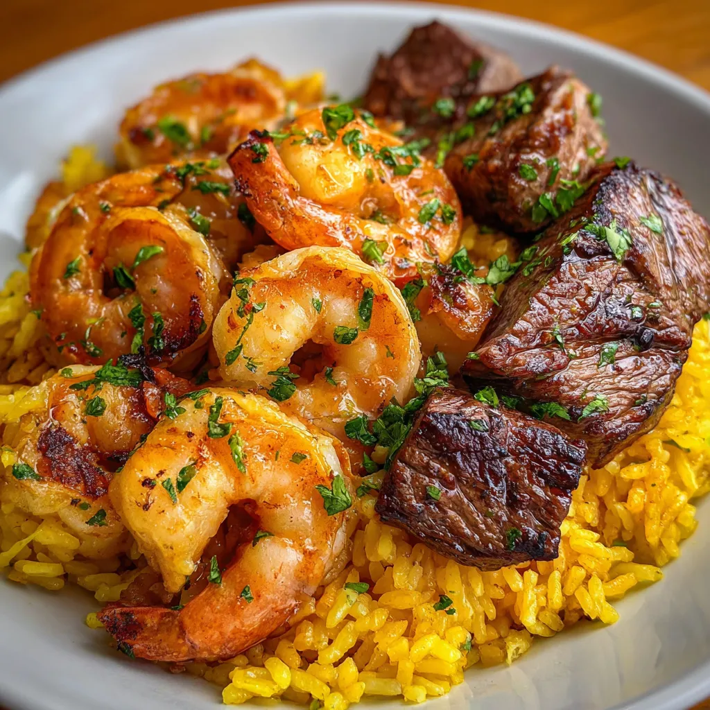 A plate of food with shrimp and steak.