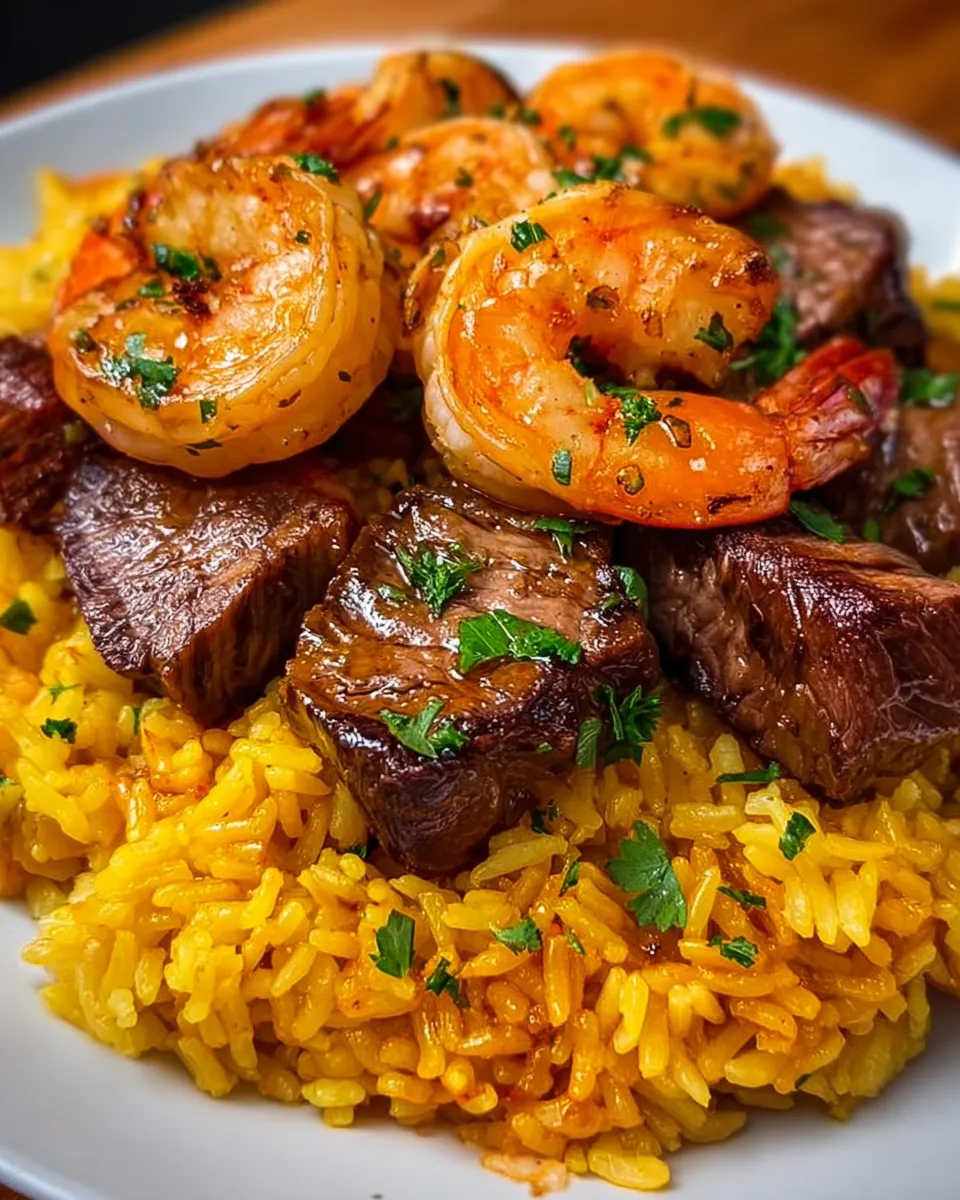 A plate of food with shrimp and steak on top of yellow rice.
