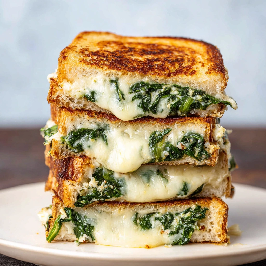 Three stacked grilled cheese sandwiches with spinach and feta.