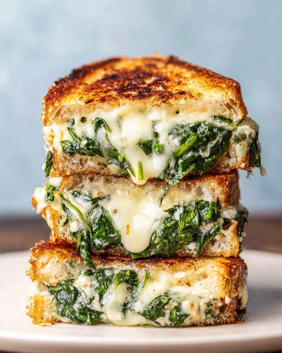 Three stacked sandwiches with spinach and feta cheese.