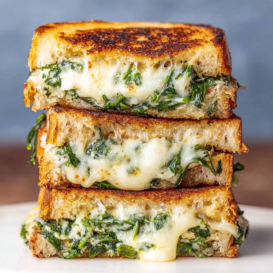 Three grilled cheese sandwiches with spinach and feta.