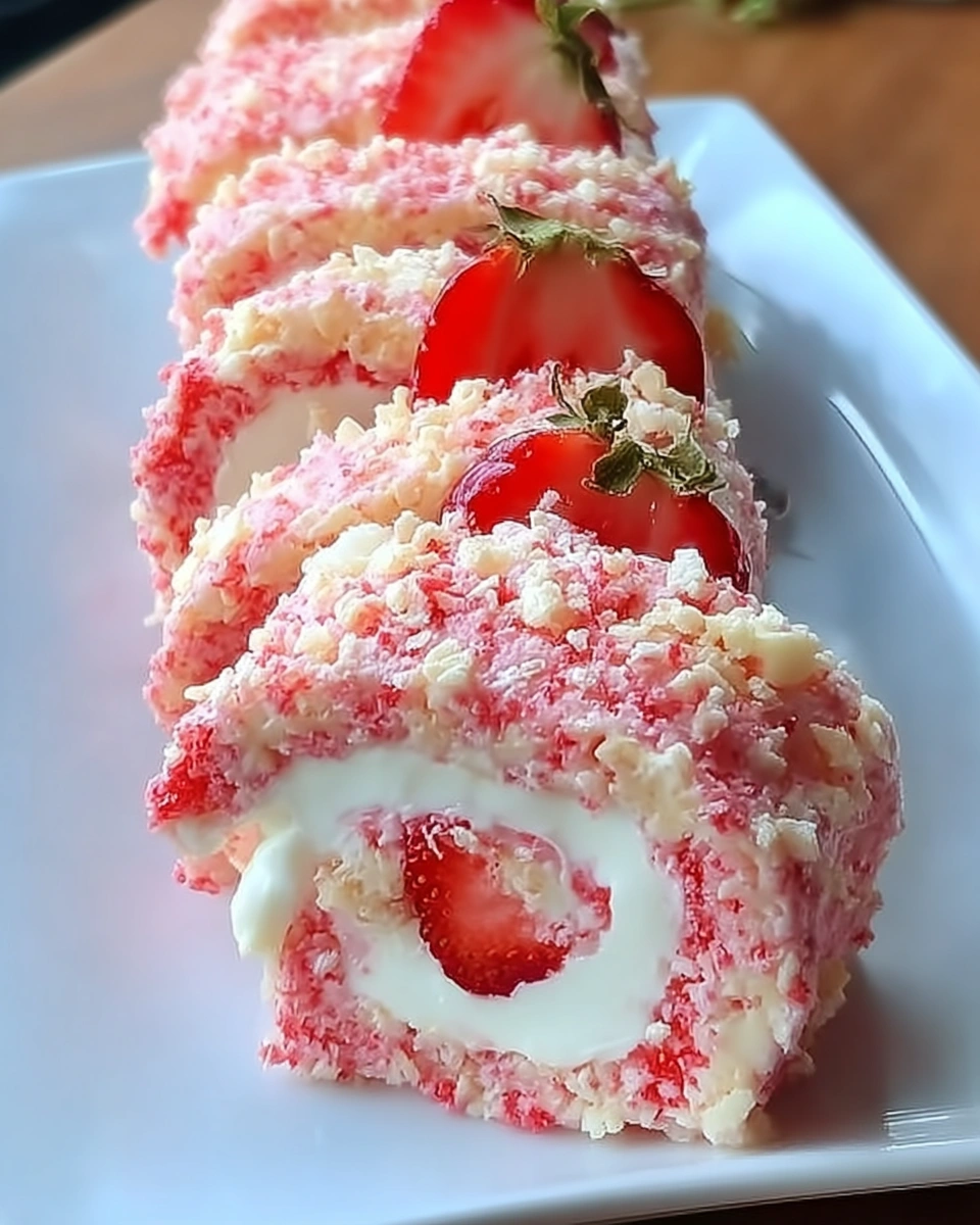 A plate of strawberry shortcake cheesecake rolls.