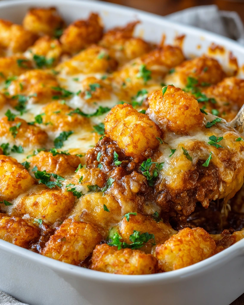 A delicious chili casserole with crispy tater tots.