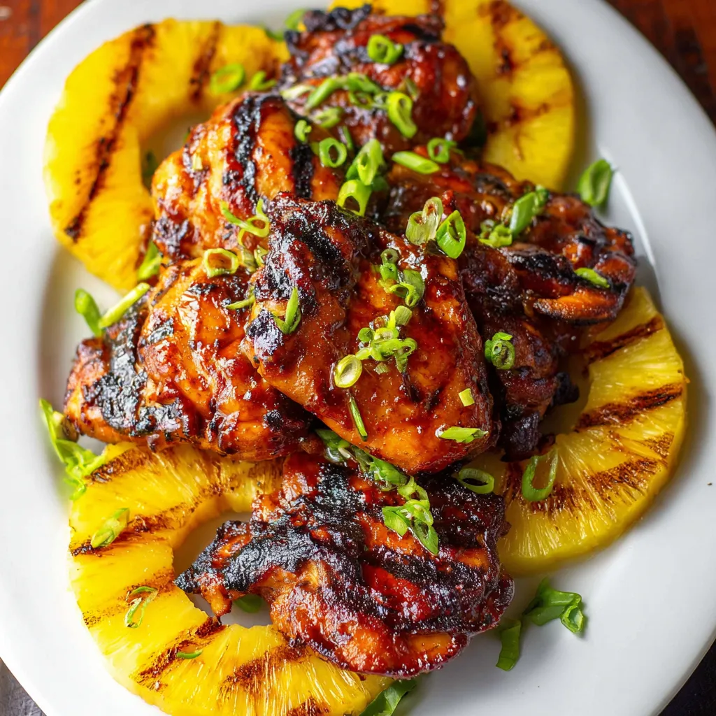 A plate of grilled chicken with pineapple slices on top.