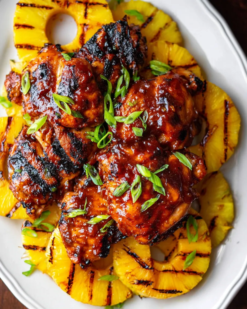 A plate of chicken with pineapple and onions.