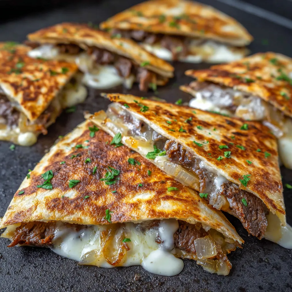 A close up of a quesadilla with cheese and meat on a black plate.
