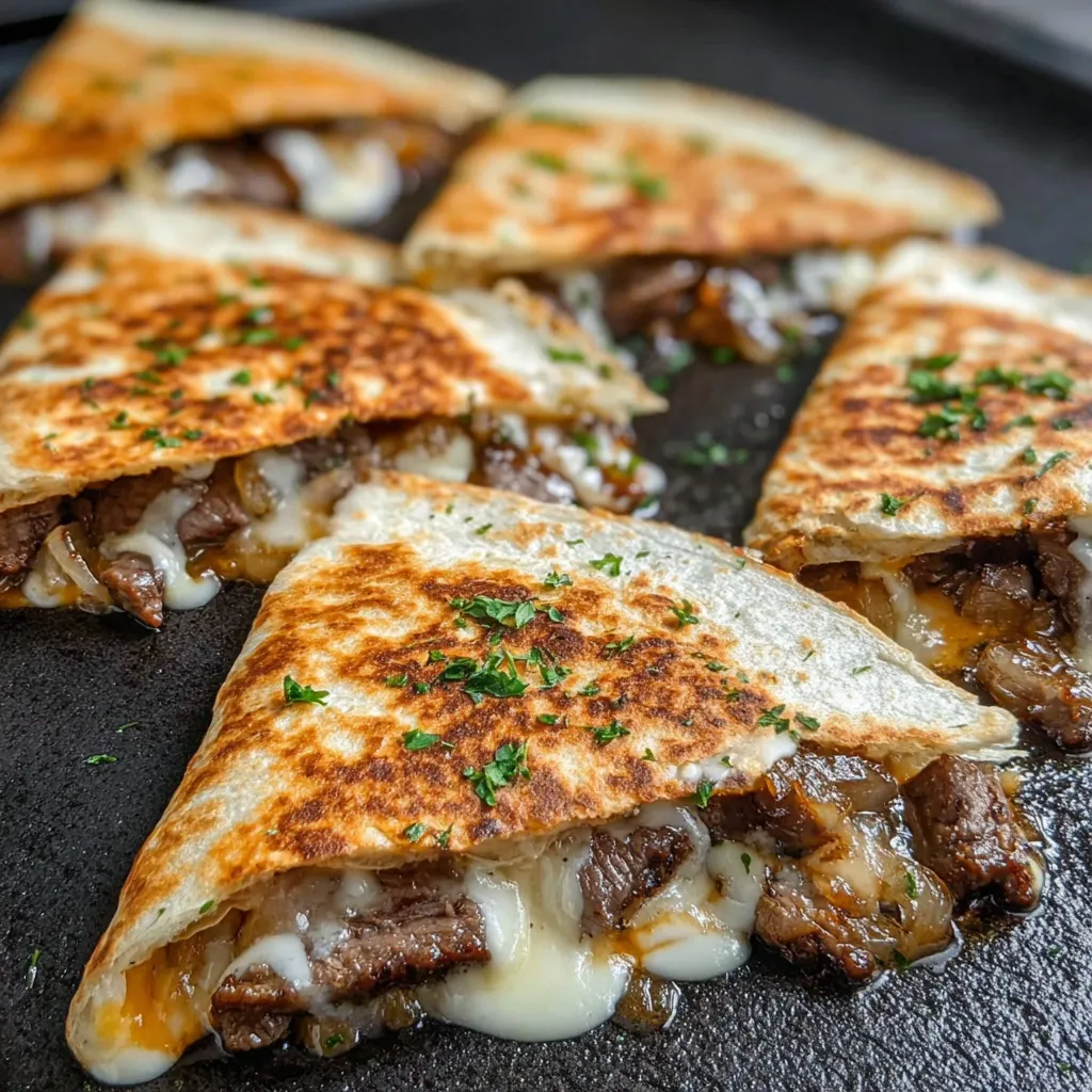 A close up of a quesadilla with cheese and meat on a black plate.