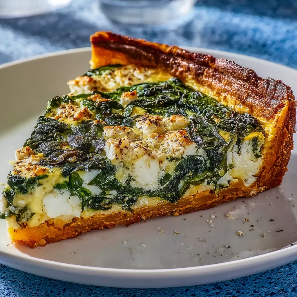 A slice of spinach and feta quiche on a plate.