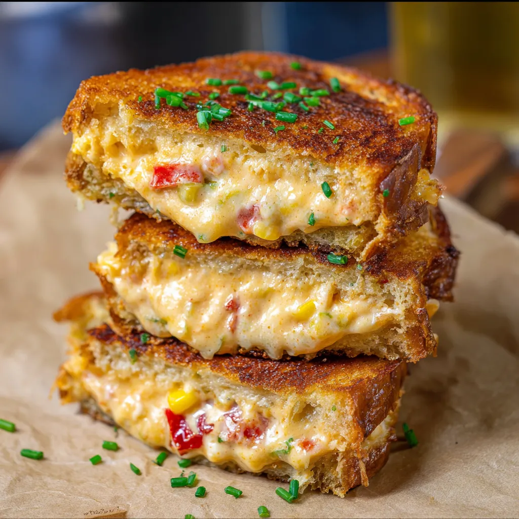 Grilled pimento cheese sandwich with a side of beer.